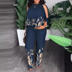 Women's Round Neck Raglan Sleeve <b>Beaded</b> <b>Top</b> With Positioned Print Long Pants Plus Size 2-Piece Set Fashion - Product Image 3