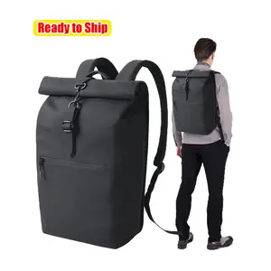 Ransel laptop nilon hitam, ransel komputer minimalis kualitas tinggi, tas punggung gulung atas logo kustom, ransel laptop 1 buah