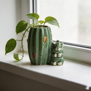 Pot de fleurs en céramique en forme de <span class=keywords><strong>cactus</strong></span>, écologique, personnalisé OEM/ODM, avec éléphant de dessin animé mignon et glaçure verte craquelée, pour plantes succulentes d'extérieur - Product Image 5