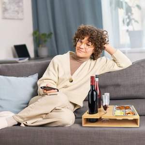 Maison Salon Bois Bambou Canapé Bar Snack Box Caddy Tray Organizer Sofa Tray with Wine Glass Holders - Product Image 4