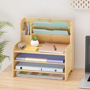 <b>Desktop</b> Wooden Storage Rack 13.19x10.04x12.6 Inches Multi Tier Organizer For Office Desk With Compartments Natural Wood Color - Product Image 4