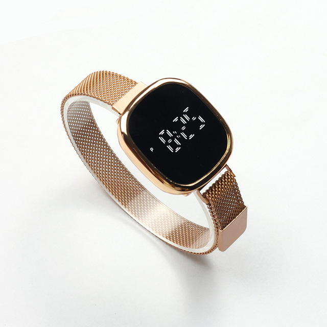 Trendy Lady Watches 2025 Hot Sell Fashionable Mesh Band Alloy case Touch Screen Mirror Dial Led Digital Watches with Glass case
