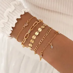 Boho Modeschmuck Set 5 Stück Punk Curb Cuban Chain Armbänder Set für Frauen Dick Gold Farbe Star Moon Charm Armbänder Armreifen