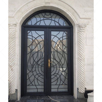 Porte d'entrée principale de villa personnalisée tendance, double porte française en fer forgé et verre, sécurisée, au design contemporain