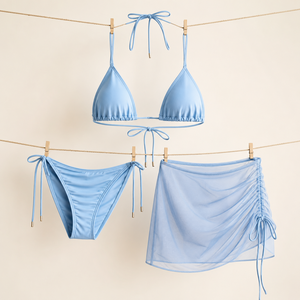 Women's Crinkle Triangle <b>Bikini</b> Set with Sheer Mesh Skirt <b>3</b> <b>Piece</b> Tie Side High Cut Swimwear - Product Image 3