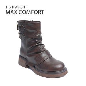 Bottes à semelle épaisse pour femmes, style automne/hiver/été/printemps, bottes courtes rétro britanniques avec fermeture éclair, dessus en PU - Product Image 2