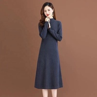 Lady Fashion Crew Neck Long Sleeve Loose Fit Woolen Sweolen Sweater Dress Spring Season Solid Pattern Woven Fabric