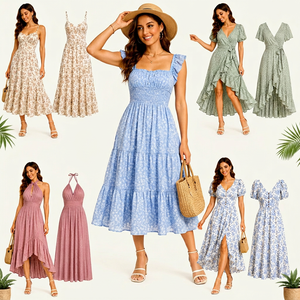 Vestido midi holgado de verano para mujer, sin tirantes, con mangas abullonadas y dobladillo con volantes, cintura natural, corte en A, casual, combinación de colores aleatorios. - Product Image 1
