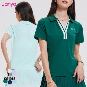 Janya décontracté haut de sport séchage rapide col en v revers nouvelle couleur bloquant coupe ample à manches courtes Golf Tennis Pickleball chemises pour les femmes - Product Image 1