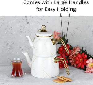 Set <span class=keywords><strong>da</strong></span> Tè Turco Vintage con Teiera Smaltata, Infusore, Tazze e <span class=keywords><strong>Bicchieri</strong></span> per Feste, Design Floreale, Origine Cina (Bianco-Oro) - Product Image 6