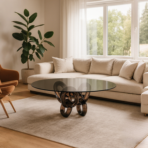 طاولة قهوة أكريليك تقليدية مخصصة من جينغ يوي بقاعدة سلسلة فريدة وسطح زجاجي أسود مقوى لديكور غرفة المعيشة والمكتب الأنيق - Product Image 1