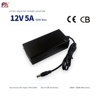 Adaptor Daya Desktop Bersertifikasi CE CB 12V 5A 60W Kustom, Input 100~240v 50/60hz AC ke DC 12volt 5amp, Adaptor Daya PC