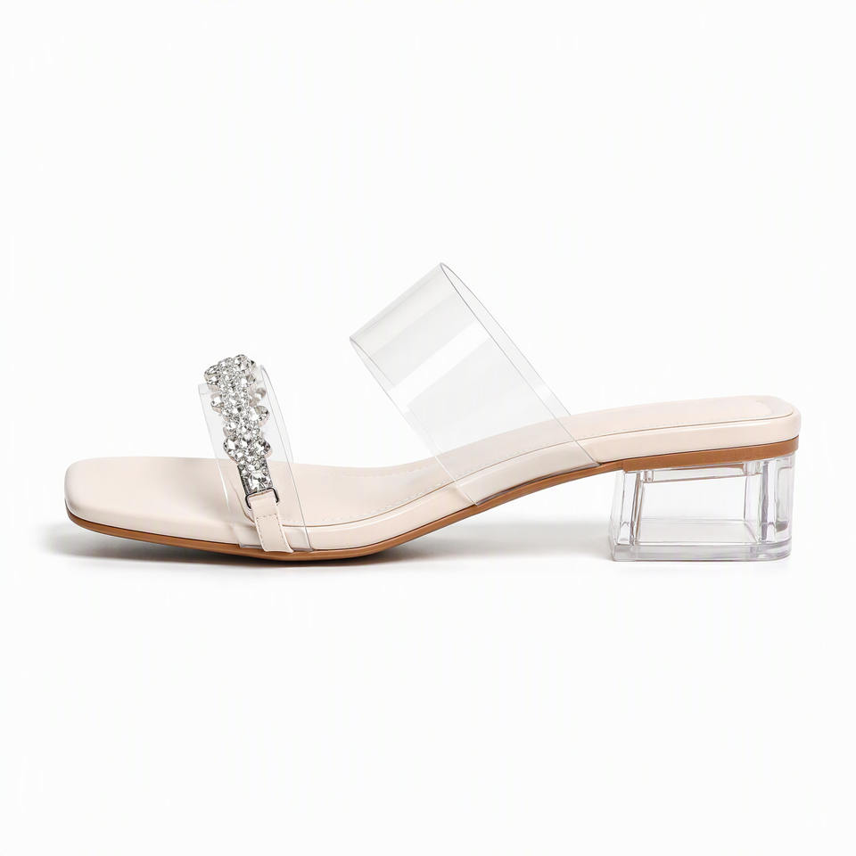 Women Rhinestone Chain Clear Heeled Sandals Transparent Block Heel ...