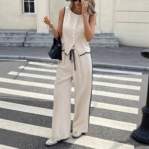 Conjunto de chaleco sin mangas con bloques de color y pantalones con cordón para mujer, traje informal de color liso, tallas S, M, L, XL, XXL, tallas europeas y americanas - Product Image 1
