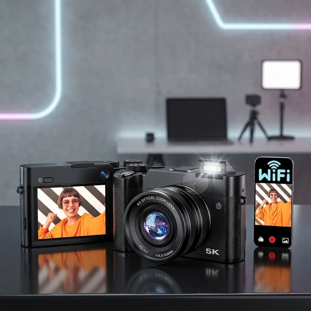5K Digital Camera Vlog FCC Camera 4K 64MP Autofocus CMOS Screen Lightweight for Portraits Holidays Students and Daily Shooting