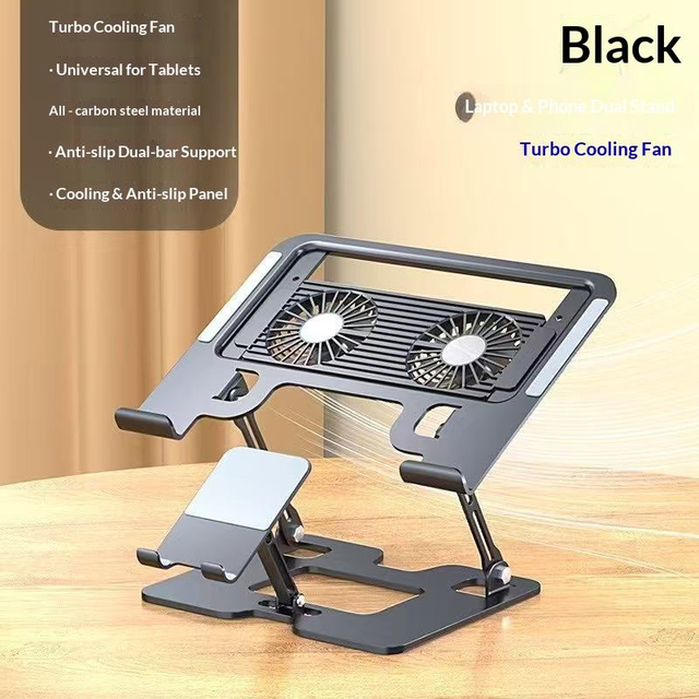Dual Fan Cooling Laptop Riser Adjustable Height All Steel Dual Stand for Laptop and Mobile Phone