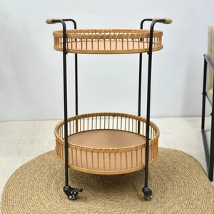 Table d'appoint en osier avec roulettes, ronde, couleur naturelle, structure en fer, utilisation intérieure/extérieure, étagère de rangement portable - Product Image 4