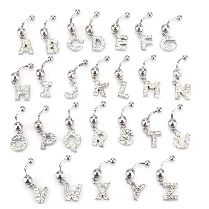 Wholesale fashion body jewelry Stainless steel A-Z 26 letter navel ring crystal letter navel buckle ring Piercing jewelry