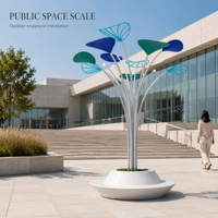 Sculpture d'art moderne en acier inoxydable éclairée, motif feuille creuse, pour aménagement paysager public extérieur, grand ornement décoratif