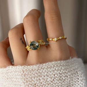 Anillo Apilable Minimalista de Latón Clásico con Ágata Musgosa Ecológica para Mujer, Anillos de Compromiso y Boda - Product Image 4