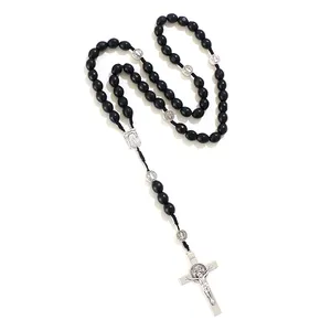 Catholic Religious Rosary Komi Religious Wooden Rosary Necklaces Cross Pendant Catholic Rosaries Christ Jesus Woven Rope Necklaces Wholesale