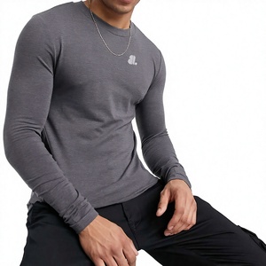 <b>Men's</b> Long Sleeve O-Neck Nonwoven Cotton/Bamboo Fiber Quick Dry Solid Gray Front Logo Casual Wear <b>T</b>-<b>Shirt</b> - Product Image 1