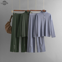 Ensemble tricoté décontracté d'hiver pour femme Lumos Cross Border Euro American, couleur unie, col roulé, pull à demi-zip et pantalon large