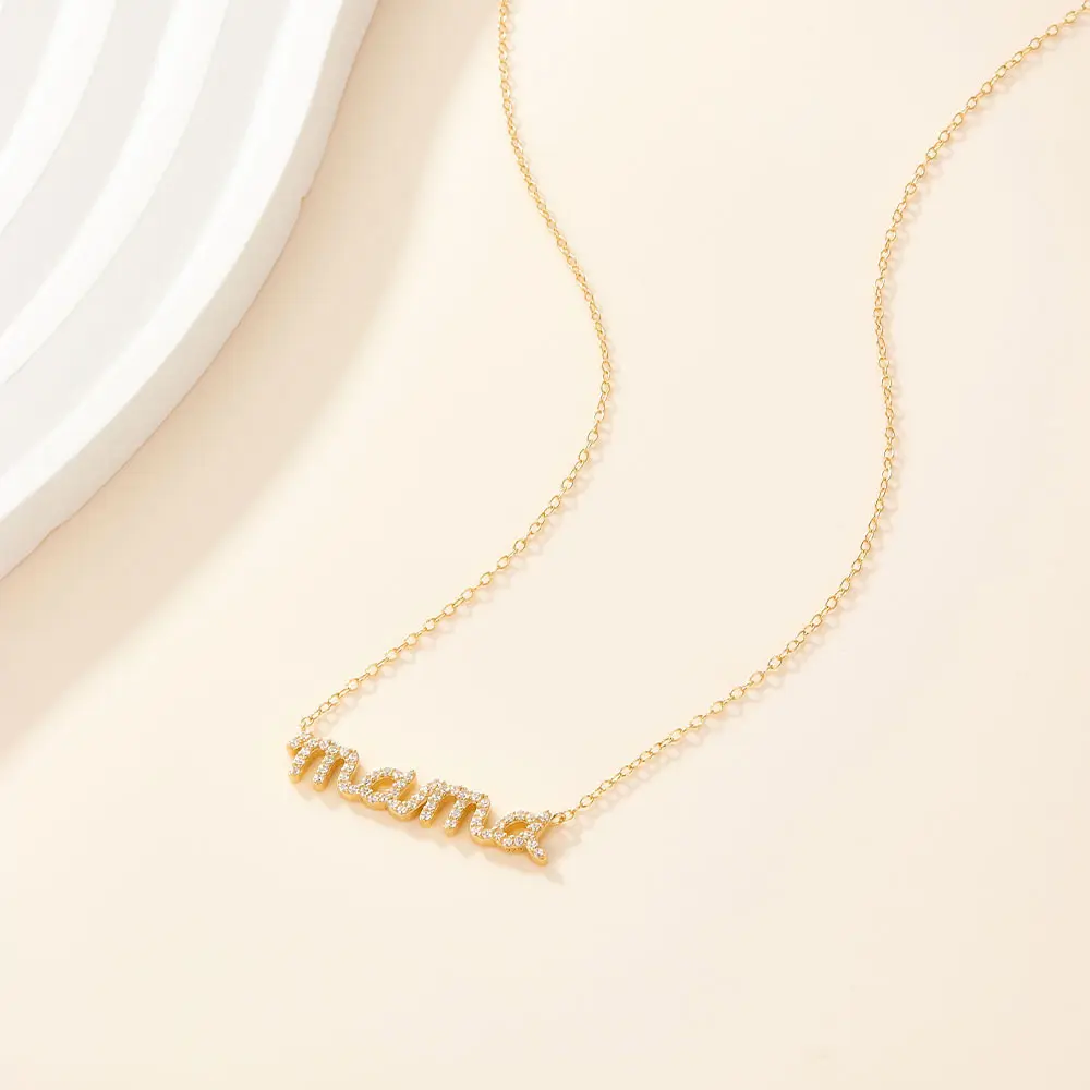 Mommy Mother's Day Fine Jewellery Gift S925 Silver 18K Gold Plated Diamond Zirconia MAMA Pendant Necklace Link Chain Type