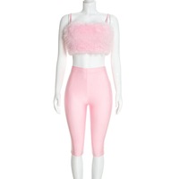 Nouvel ensemble sexy d'automne rose extensible deux pièces avec débardeur en fourrure et pantalon capri moulant taille haute