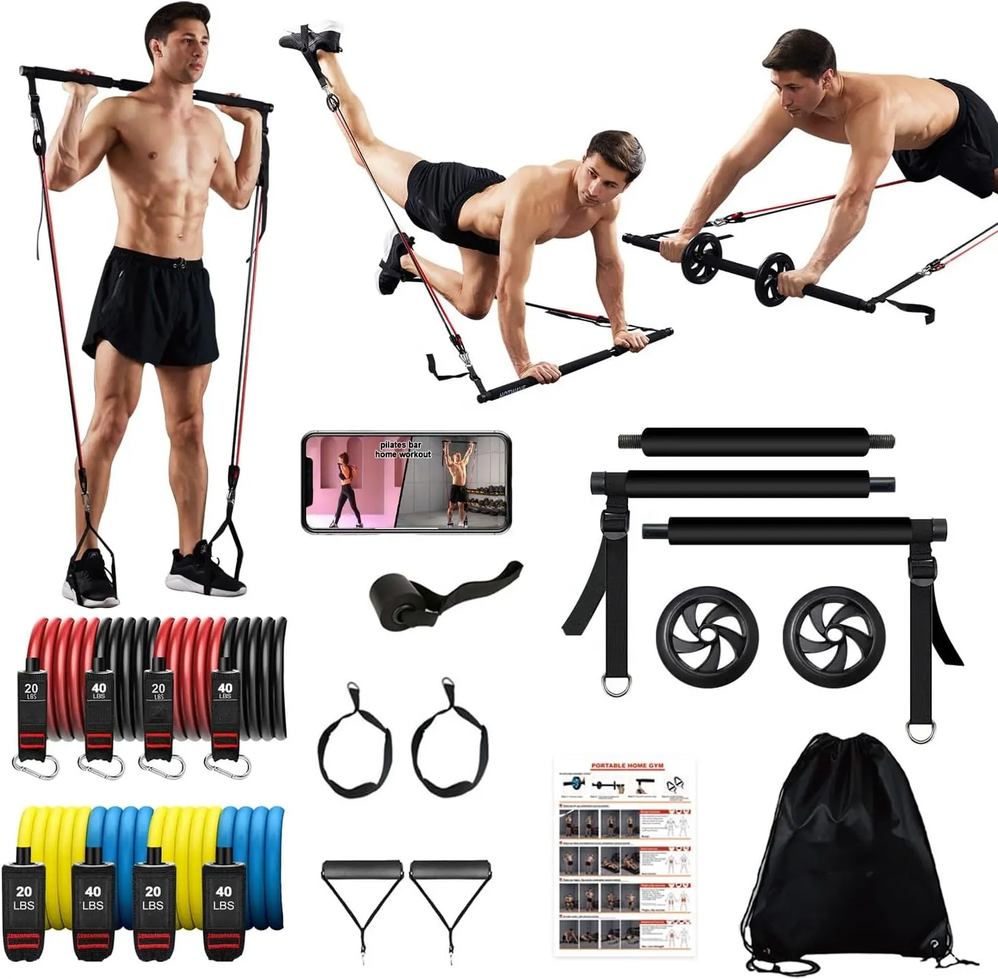MR Kit Bar Pilates 3 bagian multifungsi, dengan pita resistensi, rol perut untuk latihan seluruh tubuh Gym rumah