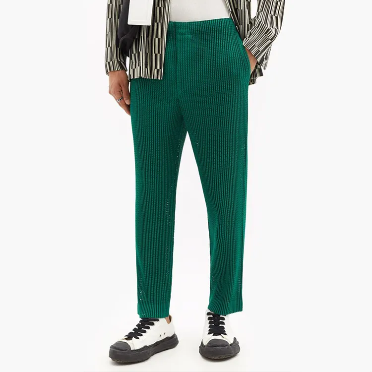 Fashion mens pleated trousers customized green mesh relaxed fit pleated pants