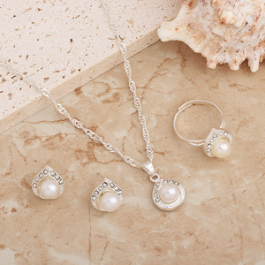 Freshwater Pearl Water Drop Jewelry <b>Set</b> 925 <b>Silver</b> Rhodium Plated Wedding Romantic Women's <b>Necklace</b> Earrings Ring - Product Image 1