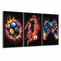 Ensemble de 3 tableaux muraux Soccer Gamer avec cadre en aluminium noir mat, décoration néon sur le thème du sport pour Cybercafé, Salle de jeux, Salon d'adolescents