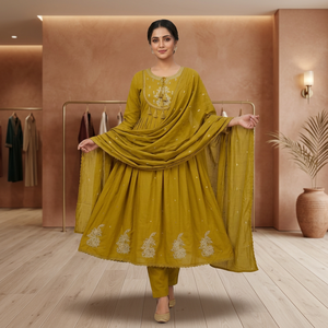 Ensemble de robe Anarkali jaune moutarde brodée, 3 pièces, tenue ethnique indienne avec dupatta, pour mariage et fêtes indiennes - Product Image 4