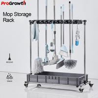 Support de rangement mobile commercial en acier inoxydable pour balais et serpillères, support de rangement pour outils de nettoyage de balcon mobile
