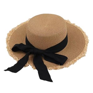Xi Boyu Sombrero de paja deshilachado de copa plana con lazo y ala ancha, sombrero de protección solar para playa de verano para mujer, color sólido - Product Image 5