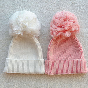 Pasgeboren Accessoires Gebreide Set Strik Beanie Sokken Baby Hoofddeksels Pom-Pom Dubbele Geribbelde Gebreide Muts Geboorte Aankondiging Outfit - Product Image 5