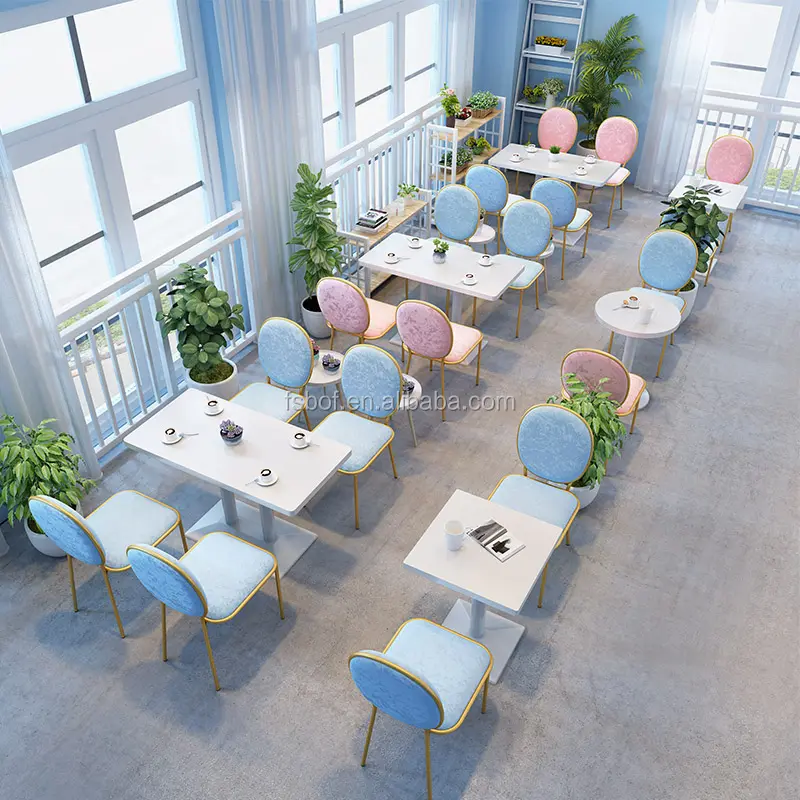 Tabelas de restaurante design de luxo e cadeiras de jantar veludo, douradas, rosa, azul, veludo, para café e loja de alimentos rápidos