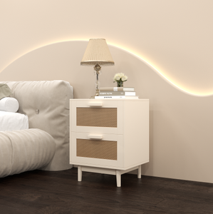 Modern <b>White</b> Natural Rattan <b>Bedside</b> Nightstand 2 Large Drawers Solid Wooden Legs Charging Station Accent End <b>Table</b> for Bedroom - Product Image 2