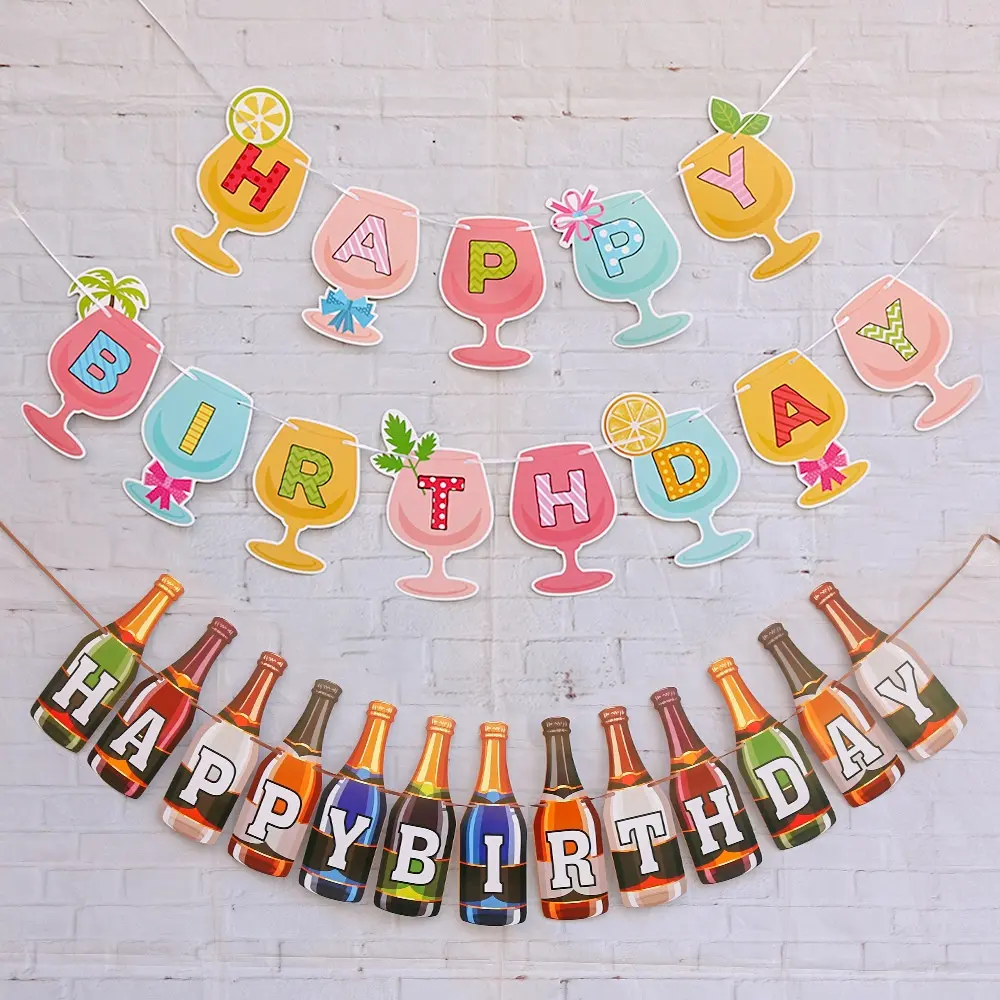 Bottle Glass Paper Flag Birthday Garland DIY Paper Banner Hanging Party Decorations