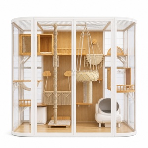 Vitrine de Luxe Multi-Animaux avec Cadre en Acier Carbone, Panneaux en Bois de Caoutchouc et Verre Trempé – Villa Intérieure <span class=keywords><strong>pour</strong></span> Chats et Chiens - Product Image 1