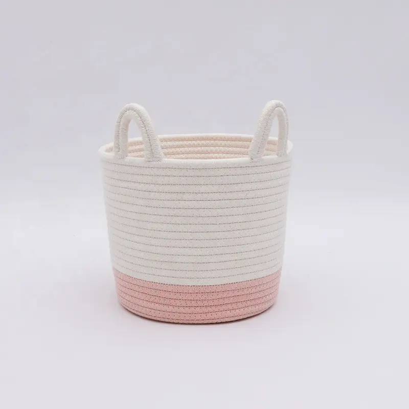 Yujunbao Large Cotton Rope Basket cute rabbit pink with white colorBaby Laundry Basket Woven Blanket Basket Nursery Bin
