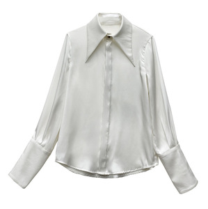 Women's <b>Satin</b> Shirt Wide Collar Long Sleeve Gem Button Detail Formal Office <b>Blouse</b> Fashion - Product Image 6