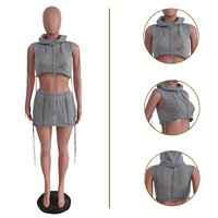 LYN994 Hot Spring Sexy Knitting Hoodie Sweater Sleeveless Mini Two Piece Skirt Set Women Two Piece Sets