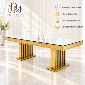 Table de salle à manger de luxe en acier inoxydable doré avec plateau en verre miroir et base à double lamelles, idéale pour les projets hôteliers et de banquets - Product Image 3