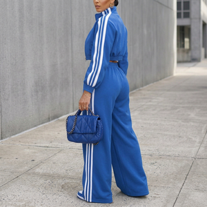 Conjunto Deportivo de 2 Piezas para Mujer, Chaqueta con Cierre y Pantalones Anchos a Rayas, Estilo Casual Deportivo, Manga Larga, Tejido 100% Algodón - Product Image 3