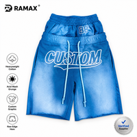 Pantalones Cortos RAMAX Azules con Lavado Ácido para Hombre, Algodón Pesado, Diseño Gráfico Vintage, Logotipo Personalizado, Ropa Urbana, Venta al por Mayor, Proveedor de Fábrica