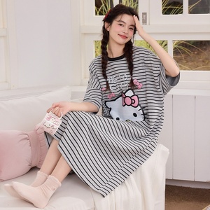 <span class=keywords><strong>Pijamas</strong></span> Casuales de Verano para Mujer, Manga Corta, Rayas, Dibujos Animados, Bonitas, Camisón de Longitud Media, Estilo Coreano, Holgadas, de Algodón, para el Hogar - Product Image 2