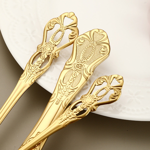 Set di posate di lusso all'ingrosso in acciaio inossidabile con manico barocco antico, argento vintage e oro, per matrimoni - Product Image 4