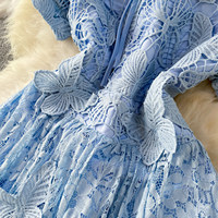 Robe décontractée élégante pour femme WIWT à manches courtes en dentelle, coupe trapèze, avec découpes et décorations papillon, longue et fluide, idéale pour le quotidien et les vacances